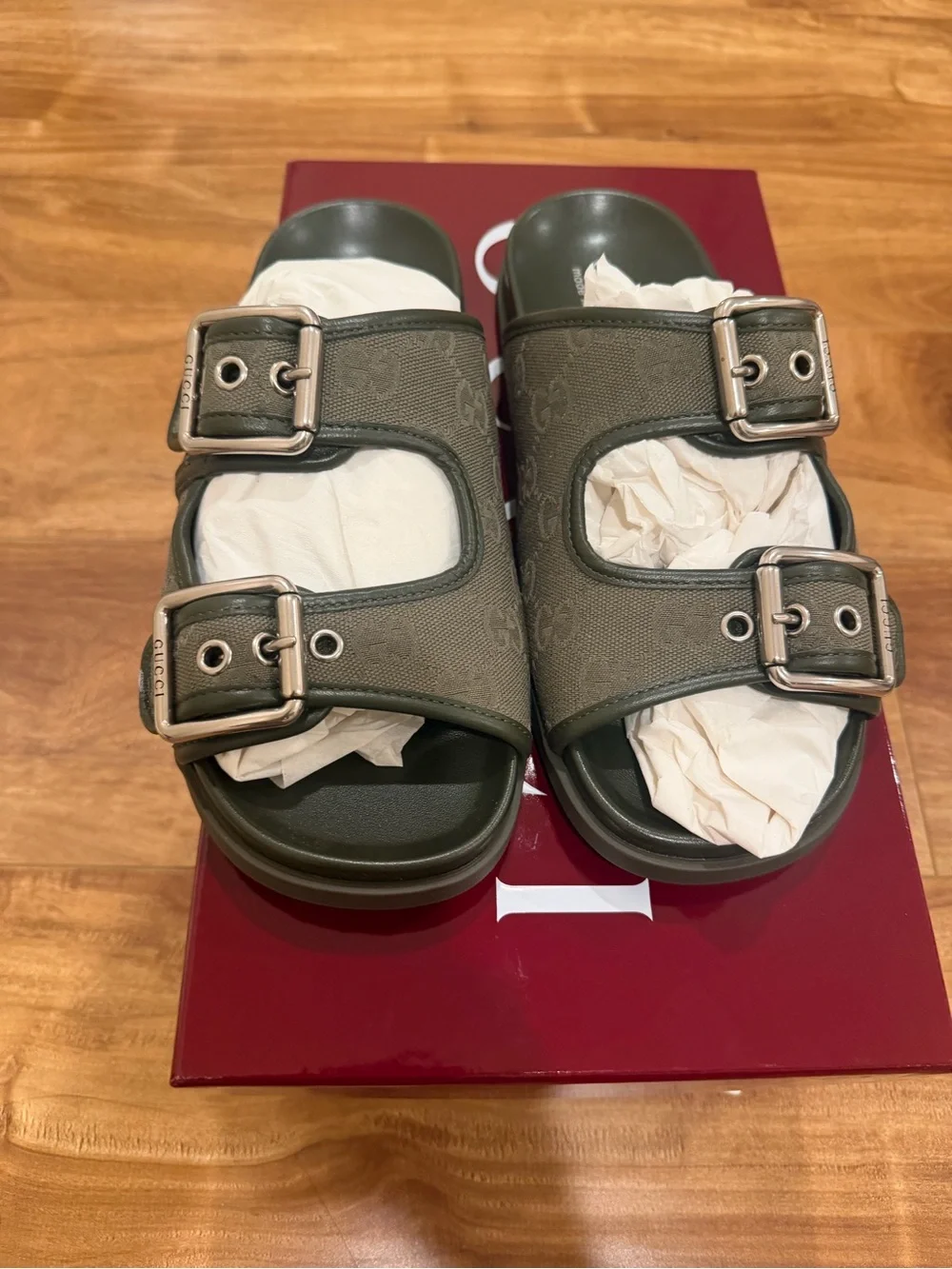 Gucci Olive Green Double Buckle Slide Sandals
